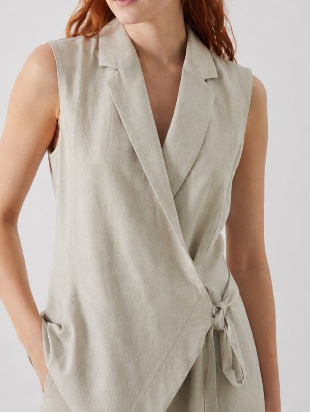 Women's Linen Beige Colared Waistcoat Vest Layering Fall Quiet Luxury Sz XS